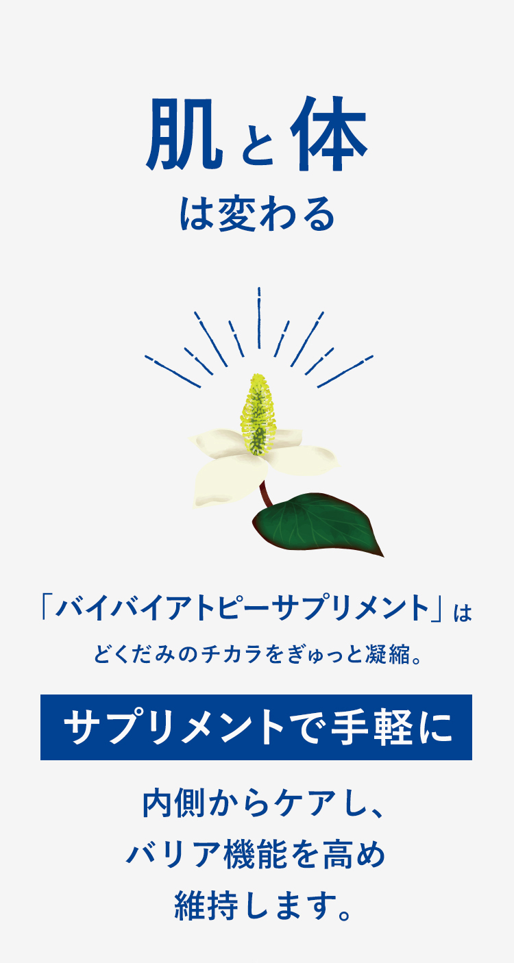 肌と体は変わる 「バイバイアトピーサプリメント」はドクダミノチカラをぎゅっと凝縮。 サプリメントで手軽に内側からケアし、バリア機能を高め維持します。